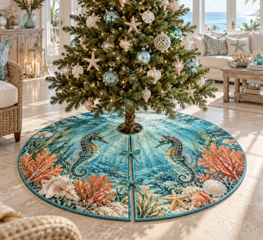 Sunlit Reef Seahorse Tree Skirt — Bright Sunlit Reef Nautical Christmas Tree Skirt, Vibrant Coastal Holiday Home Accent