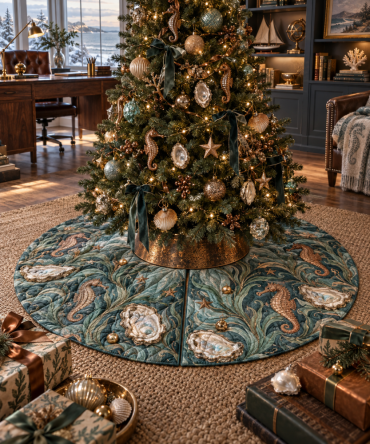 Opal Tidal Seahorse Christmas Tree Skirt — Elegant Opal Tones Nautical Tree Base Cover For Ocean-Themed Holiday Decor