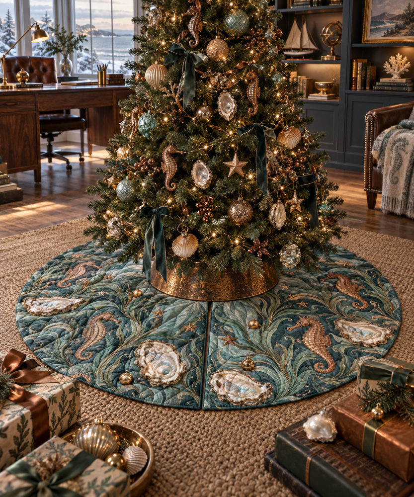 Opal Tidal Seahorse Christmas Tree Skirt — Elegant Opal Tones Nautical Tree Base Cover For Ocean-Themed Holiday Decor