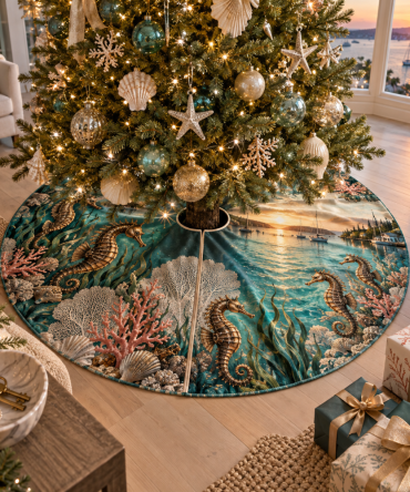 Coastal Seahorse Holiday Tree Skirt — Amber Harbor Nautical Christmas Tree Base Cover, Premium Ocean-Themed Decor