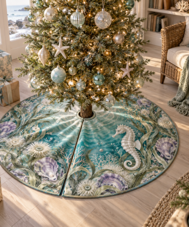 Pearl Seahorse Cove Reverie Tree Skirt — Romantic Pearl-Accented Holiday Base Cover With Coastal Elegance For Refined Christmas Displays