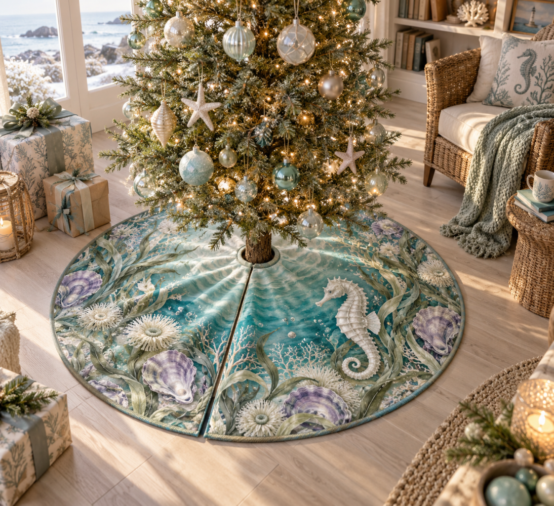 Pearl Seahorse Cove Reverie Tree Skirt — Romantic Pearl-Accented Holiday Base Cover With Coastal Elegance For Refined Christmas Displays