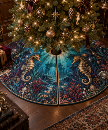 Gilded Seahorse Abyss Cabinet Tree Skirt — Opulent Gilded Holiday Base Cover With Deep Ocean Motifs For Dramatic Festive Styling