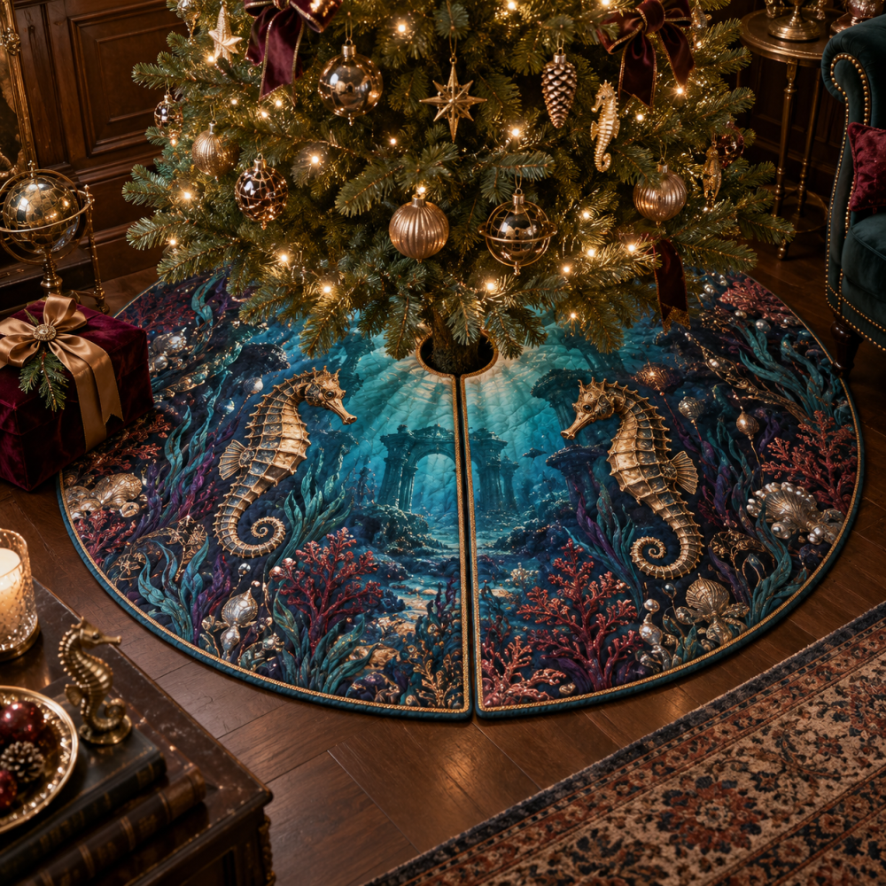 Gilded Seahorse Abyss Cabinet Tree Skirt — Opulent Gilded Holiday Base Cover With Deep Ocean Motifs For Dramatic Festive Styling