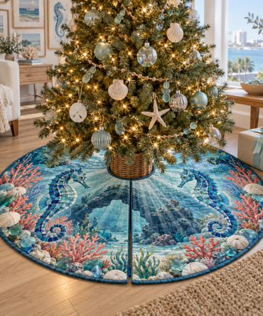 Sea Glass Seahorse Gallery Holiday Tree Skirt — Translucent Ocean-Hued Christmas Tree Base Cover With Gallery-Style Coastal Elegance