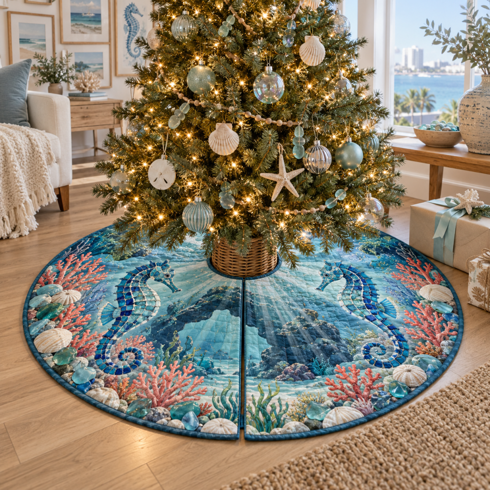 Sea Glass Seahorse Gallery Holiday Tree Skirt — Translucent Ocean-Hued Christmas Tree Base Cover With Gallery-Style Coastal Elegance