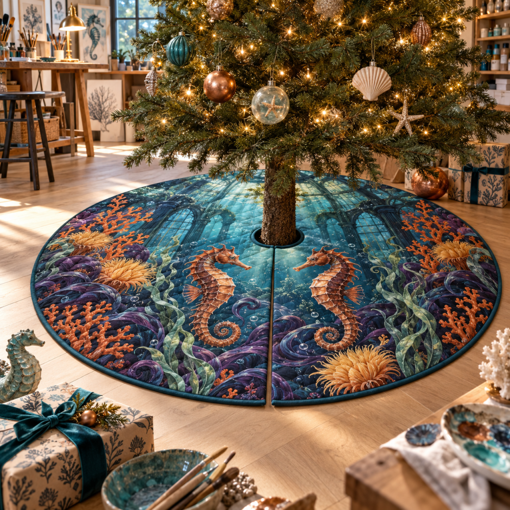 Copper Seahorse Current Atelier Christmas Tree Skirt — Industrial-Chic Metallic Base Cover With Copper Accents For Modern Festive Décor