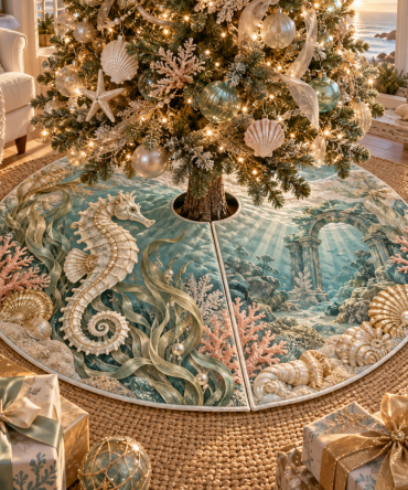 Champagne Seahorse Tide Welcome Tree Skirt — Luxe Champagne Holiday Base Cover With Subtle Seahorse Accents For Elegant Coastal Celebrations