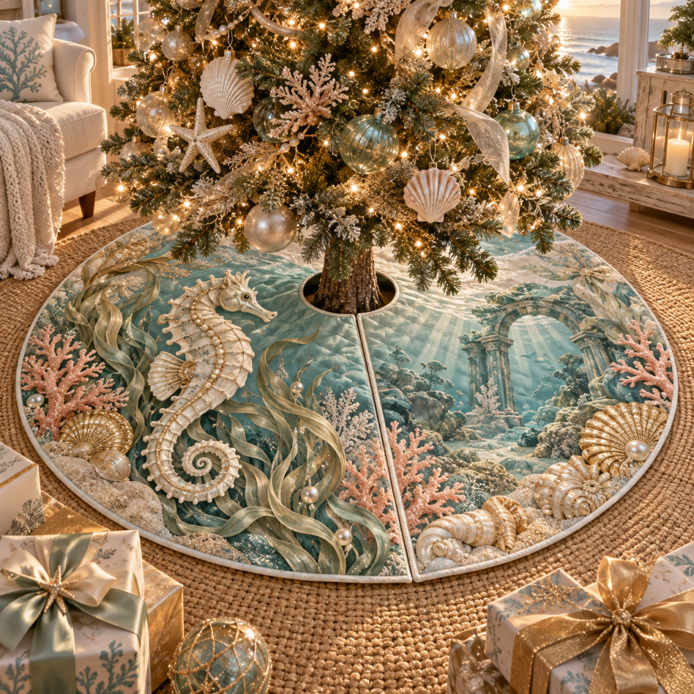 Champagne Seahorse Tide Welcome Tree Skirt — Luxe Champagne Holiday Base Cover With Subtle Seahorse Accents For Elegant Coastal Celebrations