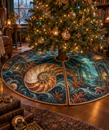 Amber Nautilus Library Holiday Tree Skirt — Warm Vintage-Inspired Christmas Tree Base Cover With Rich Amber Tones For Classic Interiors