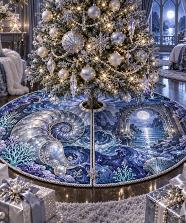 Moonstone Nautilus Observatory Christmas Tree Skirt — Celestial Holiday Base Cover With Starry Metallic Accents For Cosmic-Inspired Festive Décor