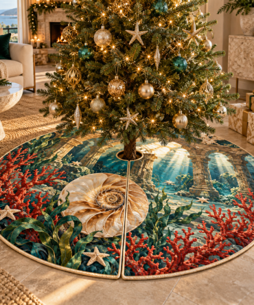 Coral Nautilus Atrium Holiday Tree Skirt — Elegant Reef-Inspired Christmas Tree Base Cover With Embroidered Coral Motifs For Coastal Sophistication