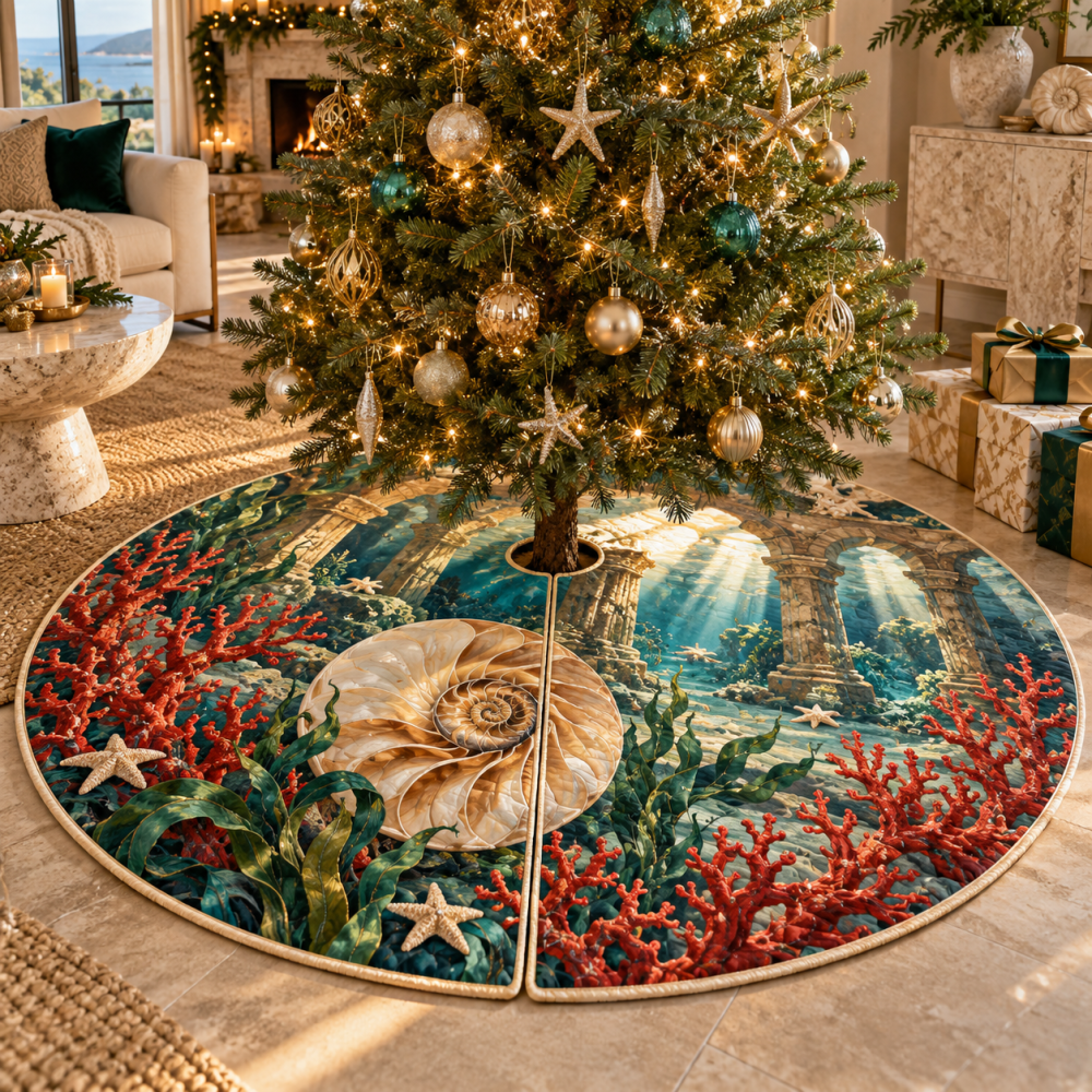 Coral Nautilus Atrium Holiday Tree Skirt — Elegant Reef-Inspired Christmas Tree Base Cover With Embroidered Coral Motifs For Coastal Sophistication