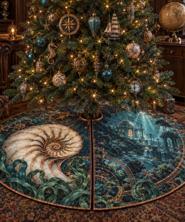 Cartographer'S Nautilus Study Tree Skirt — Map-Inspired Christmas Tree Base Cover With Vintage Cartography Accents For Rustic, Scholarly Décor