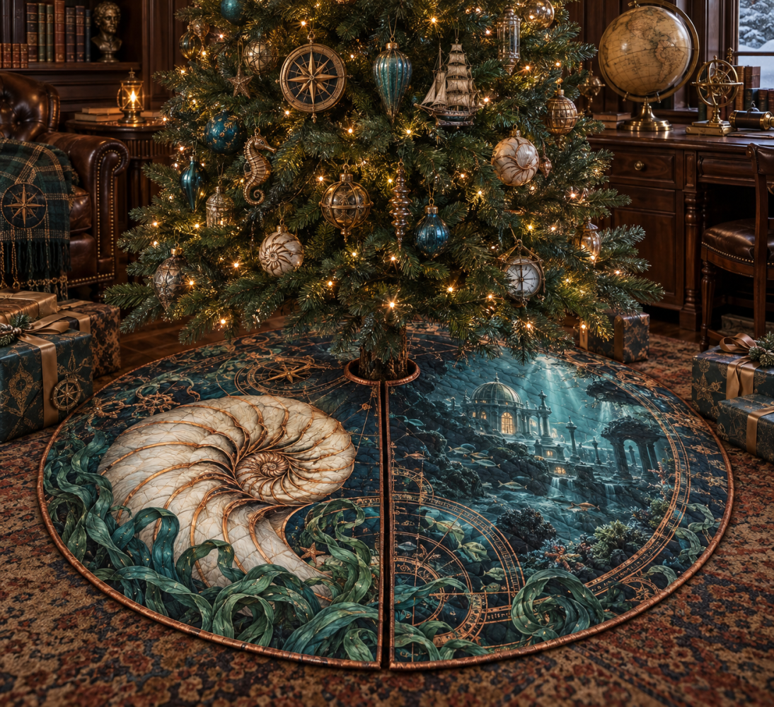 Cartographer'S Nautilus Study Tree Skirt — Map-Inspired Christmas Tree Base Cover With Vintage Cartography Accents For Rustic, Scholarly Décor