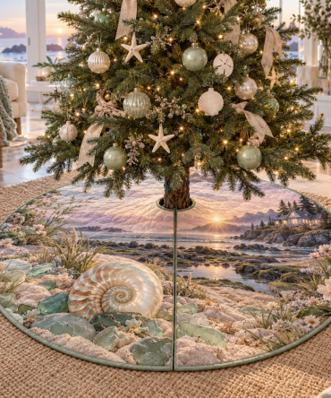 Sea Glass Nautilus Welcome Holiday Tree Skirt — Shimmering Coastal Christmas Tree Base Cover With Translucent Sea-Glass Tones For Waterfront Style