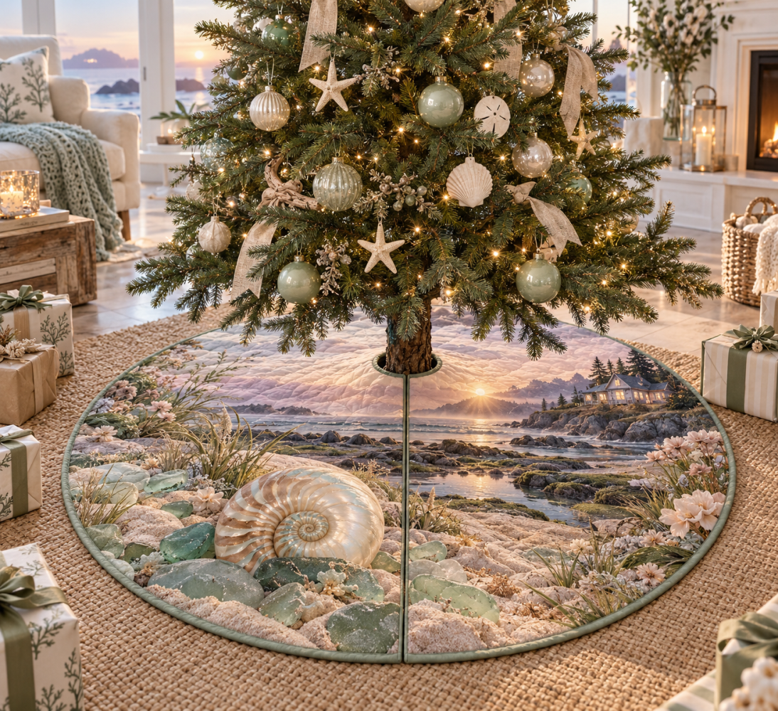 Sea Glass Nautilus Welcome Holiday Tree Skirt — Shimmering Coastal Christmas Tree Base Cover With Translucent Sea-Glass Tones For Waterfront Style