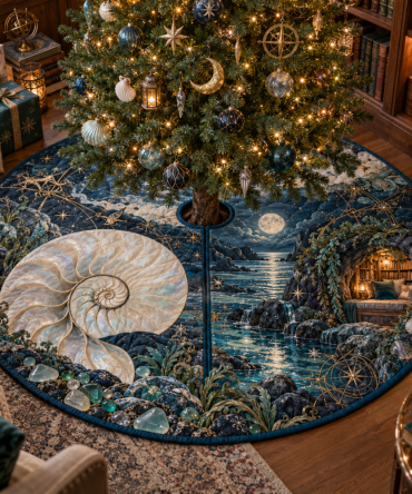 Moonlit Nautilus Reading Nook Tree Skirt — Cozy Soft Christmas Tree Base Cover Designed For Intimate Corners And Peaceful Holiday Nooks