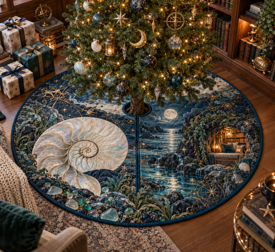 Moonlit Nautilus Reading Nook Tree Skirt — Cozy Soft Christmas Tree Base Cover Designed For Intimate Corners And Peaceful Holiday Nooks