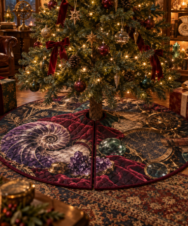 Vintage Nautilus Curiosity Cabinet Tree Skirt — Museum-Style Christmas Tree Base Cover With Ornate Details For Eclectic Holiday Interiors