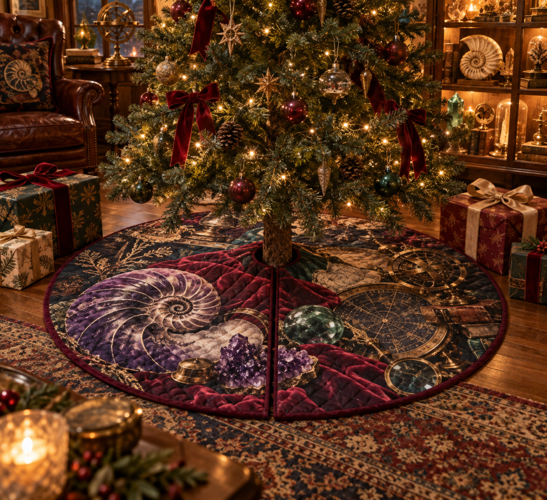 Vintage Nautilus Curiosity Cabinet Tree Skirt — Museum-Style Christmas Tree Base Cover With Ornate Details For Eclectic Holiday Interiors