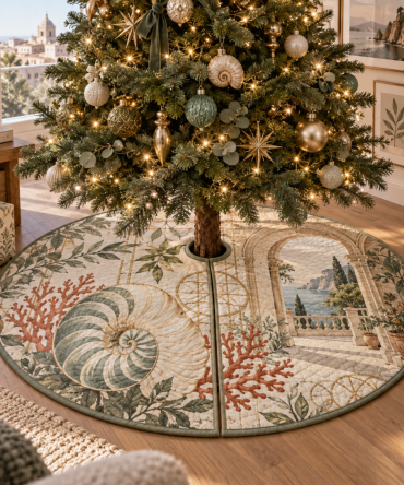 Coastal Nautilus Sunroom Holiday Tree Skirt — Bright Gallery-Inspired Christmas Tree Base Cover With Breezy Seaside Accents For Sunlit Spaces