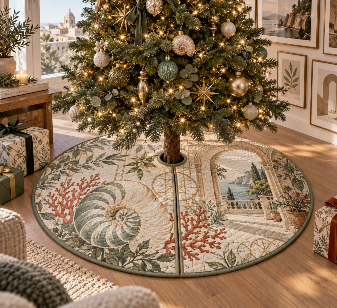 Coastal Nautilus Sunroom Holiday Tree Skirt — Bright Gallery-Inspired Christmas Tree Base Cover With Breezy Seaside Accents For Sunlit Spaces