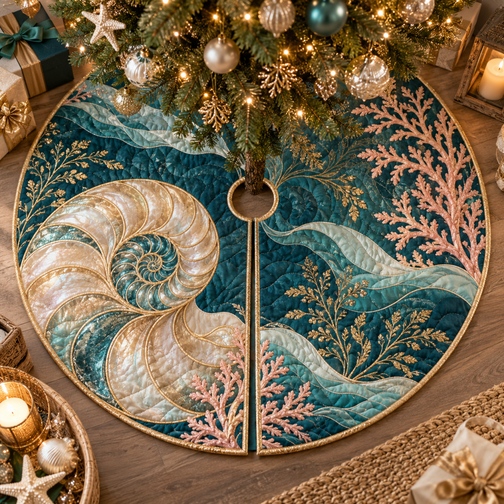 Elegant Nautilus Candlelit Christmas Tree Skirt — Luxury Holiday Base Cover With Warm Candlelight Motif For Sophisticated Seasonal Décor