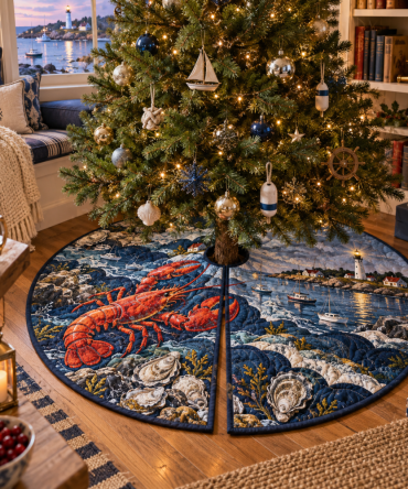 Harbor Library Lobster Tree Skirt — Classic Nautical Christmas Skirt With Harbor Motif, Premium Print, Universal Fit & Washable