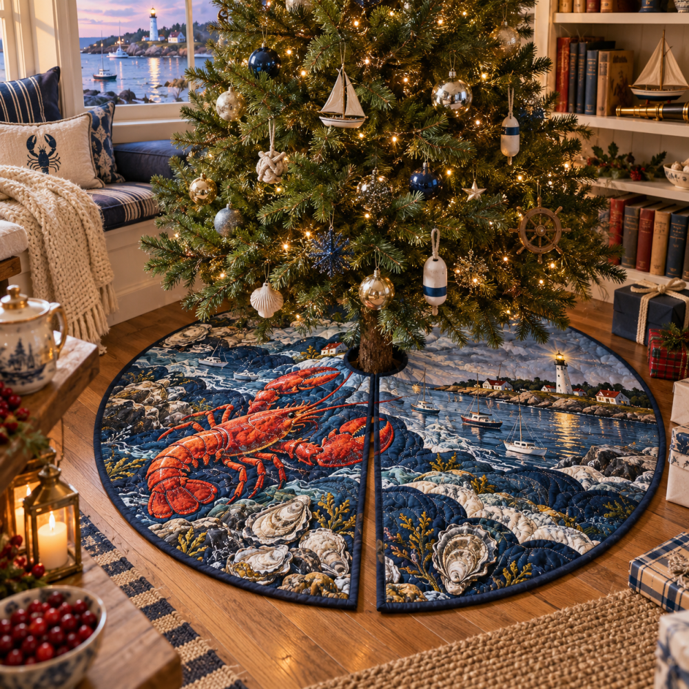 Harbor Library Lobster Tree Skirt — Classic Nautical Christmas Skirt With Harbor Motif, Premium Print, Universal Fit & Washable