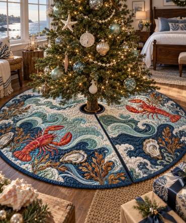 Tidal Canopy Lobster Tree Skirt — Overhead Nautical Design, Lobster-Themed Holiday Skirt, Soft Fabric, Universal Fit & Washable