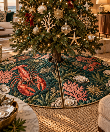 Coral Salon Lobster Tree Skirt — Vibrant Reef-Inspired Coastal Christmas Skirt, Lobster Motif, Premium Fabric & Easy Care