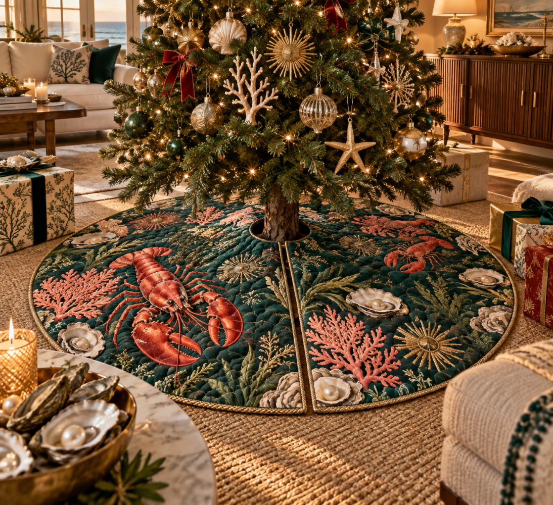 Coral Salon Lobster Tree Skirt — Vibrant Reef-Inspired Coastal Christmas Skirt, Lobster Motif, Premium Fabric & Easy Care
