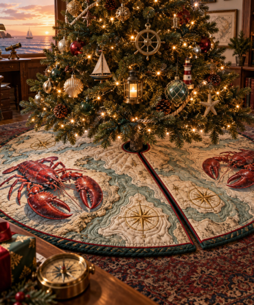 Cartographer'S Study Lobster Tree Skirt — Nautical Map-Inspired Holiday Skirt, Detailed Print, Universal Fit & Washable
