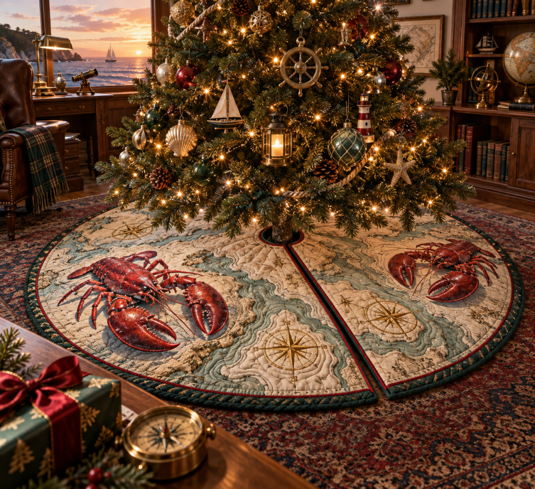 Cartographer'S Study Lobster Tree Skirt — Nautical Map-Inspired Holiday Skirt, Detailed Print, Universal Fit & Washable