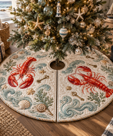Welcome Key Lobster Tree Skirt — Charming Coastal Entrance Design, Lobster Motif Holiday Skirt, Soft, Machine Washable
