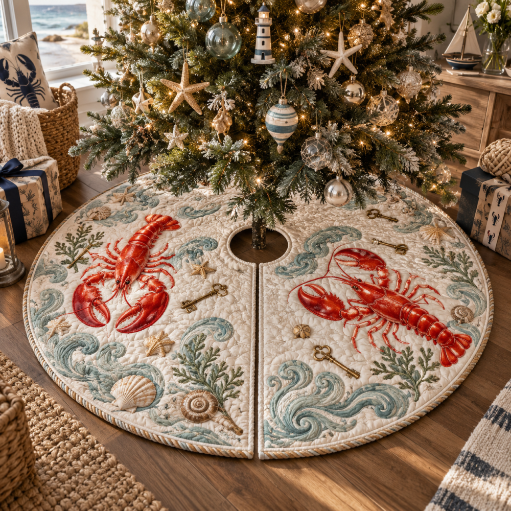 Welcome Key Lobster Tree Skirt — Charming Coastal Entrance Design, Lobster Motif Holiday Skirt, Soft, Machine Washable