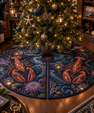 Midnight Cove Library Lobster Tree Skirt — Dark Nautical Christmas Skirt With Classic Lobster Motif, Durable & Easy Care