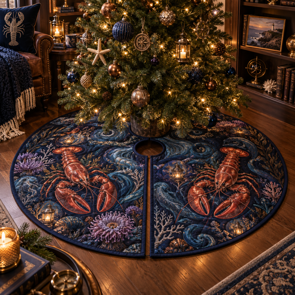 Midnight Cove Library Lobster Tree Skirt — Dark Nautical Christmas Skirt With Classic Lobster Motif, Durable & Easy Care