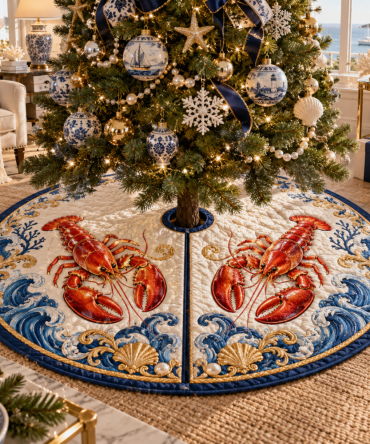 Porcelain Gallery Lobster Tree Skirt — Elegant Museum-Style Coastal Christmas Skirt, Detailed Print, Universal Fit & Washable