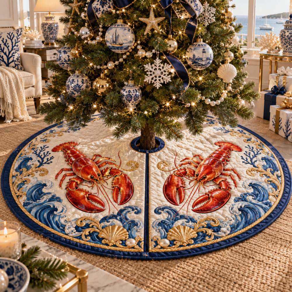 Porcelain Gallery Lobster Tree Skirt — Elegant Museum-Style Coastal Christmas Skirt, Detailed Print, Universal Fit & Washable