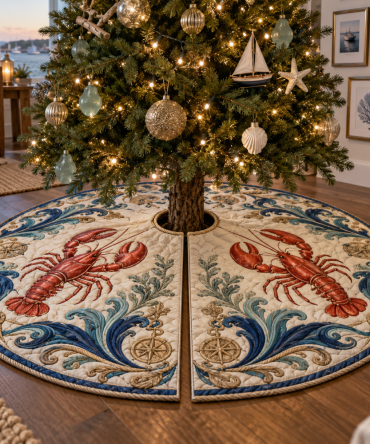 Tidal Atelier Lobster Tree Skirt — Artistic Coastal Christmas Skirt, Studio-Inspired Design, Soft Fabric, Universal Fit