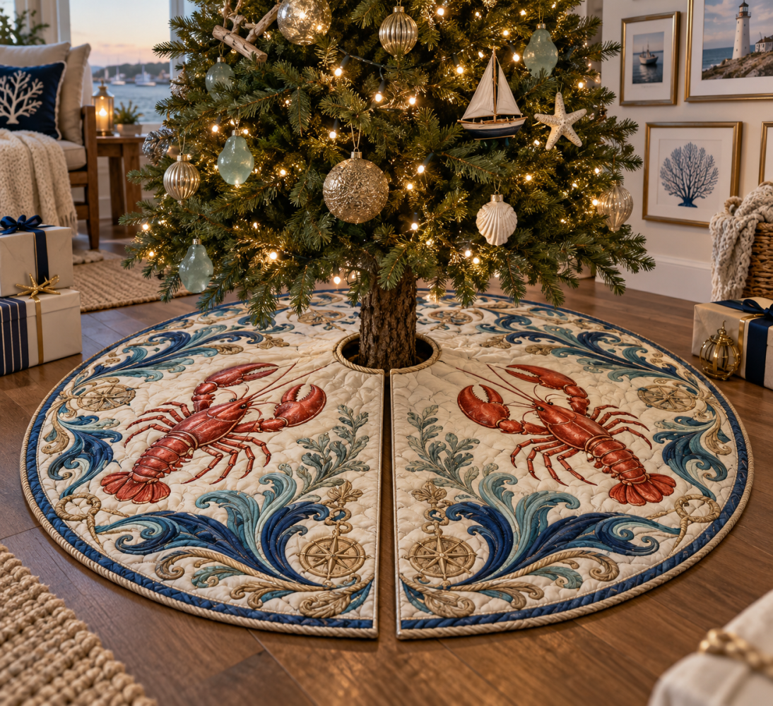Tidal Atelier Lobster Tree Skirt — Artistic Coastal Christmas Skirt, Studio-Inspired Design, Soft Fabric, Universal Fit