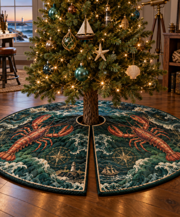 Mariner Workshop Lobster Tree Skirt — Rustic Nautical Christmas Skirt With Maritime Tools Design, Durable & Easy Care