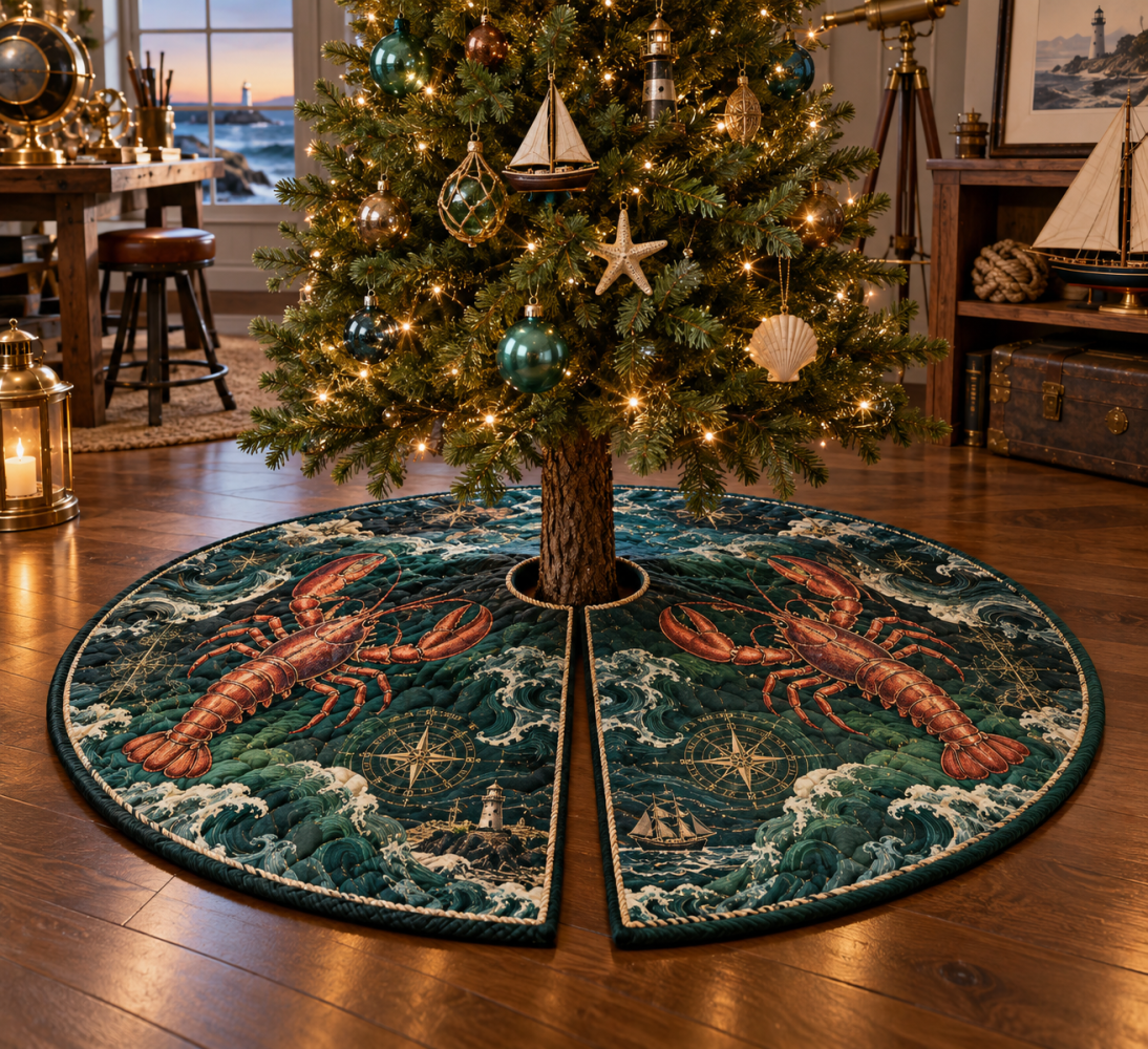 Mariner Workshop Lobster Tree Skirt — Rustic Nautical Christmas Skirt With Maritime Tools Design, Durable & Easy Care