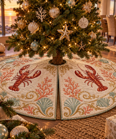 Sunset Lobster Holiday Tree Skirt — Coastal Banquet Design, Warm Tones, Premium Print, Universal Fit For Christmas Trees