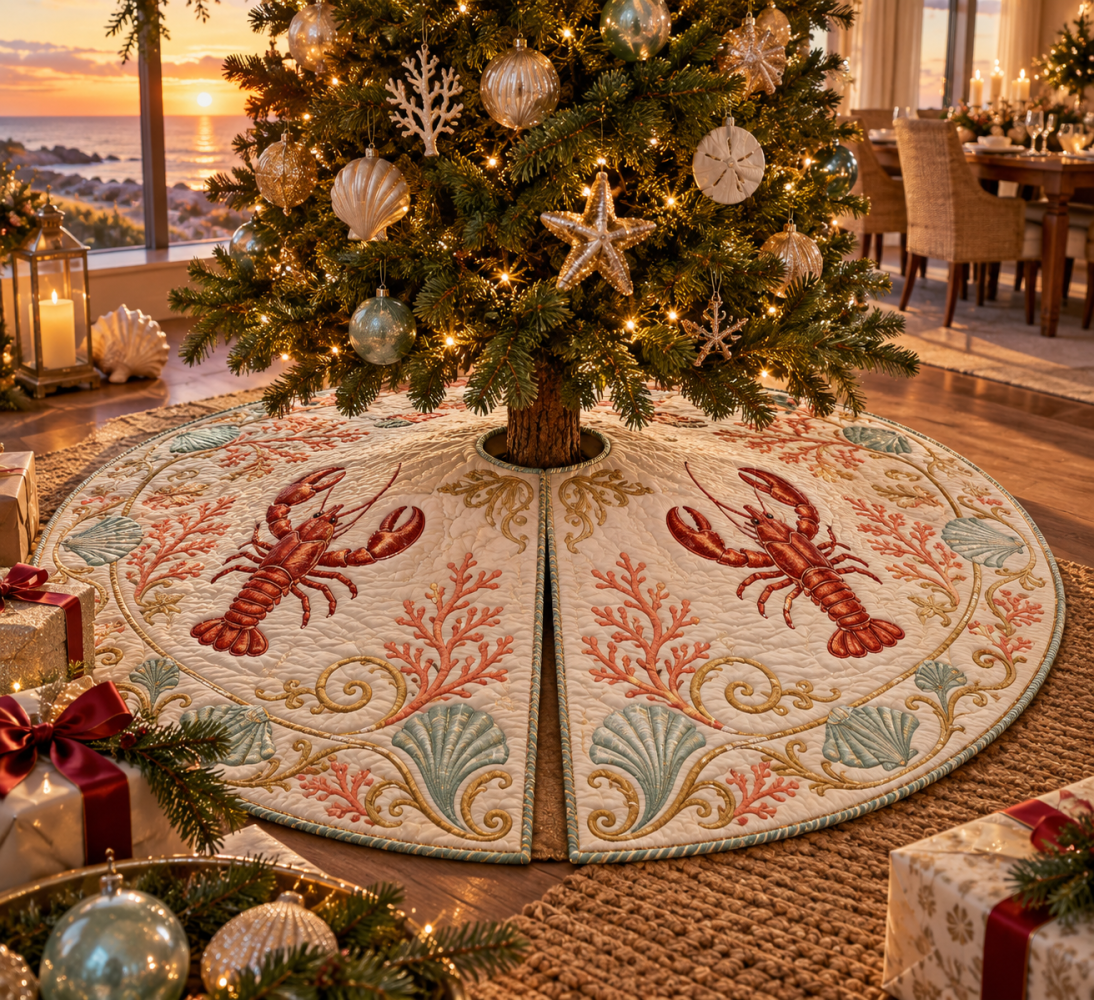 Sunset Lobster Holiday Tree Skirt — Coastal Banquet Design, Warm Tones, Premium Print, Universal Fit For Christmas Trees