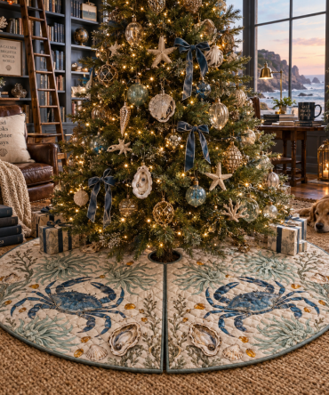 Tidepool Reading Room Crab Tree Skirt — Cozy Coastal Christmas Skirt With Bookish Nautical Design, Easy Fit & Care