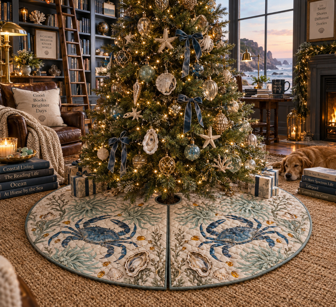 Tidepool Reading Room Crab Tree Skirt — Cozy Coastal Christmas Skirt With Bookish Nautical Design, Easy Fit & Care