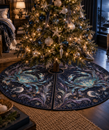 Moonlit Tidal Crab Tree Skirt — Elegant Nighttime Nautical Christmas Skirt, Premium Fabric, Universal Fit For Trees